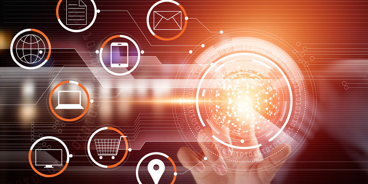 Abstract graphic of a hand tapping a sphere that is expanding into icons for email, mobile phone, computer, cart, location pinpoint, document, and globe.